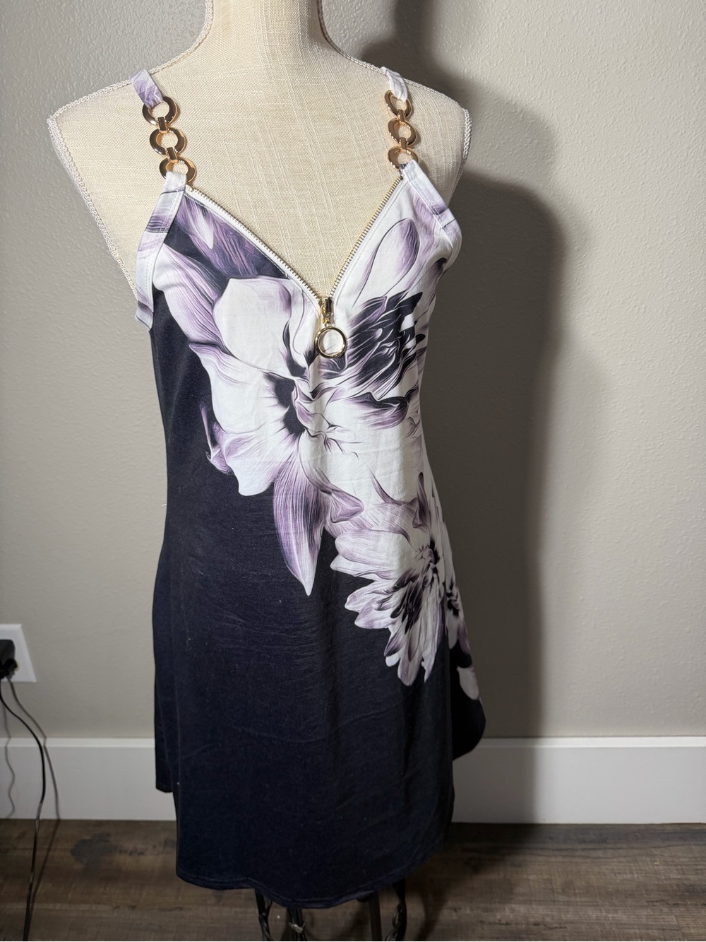 Black Floral Zip-Front Mini Dress with Gold Ring Straps
